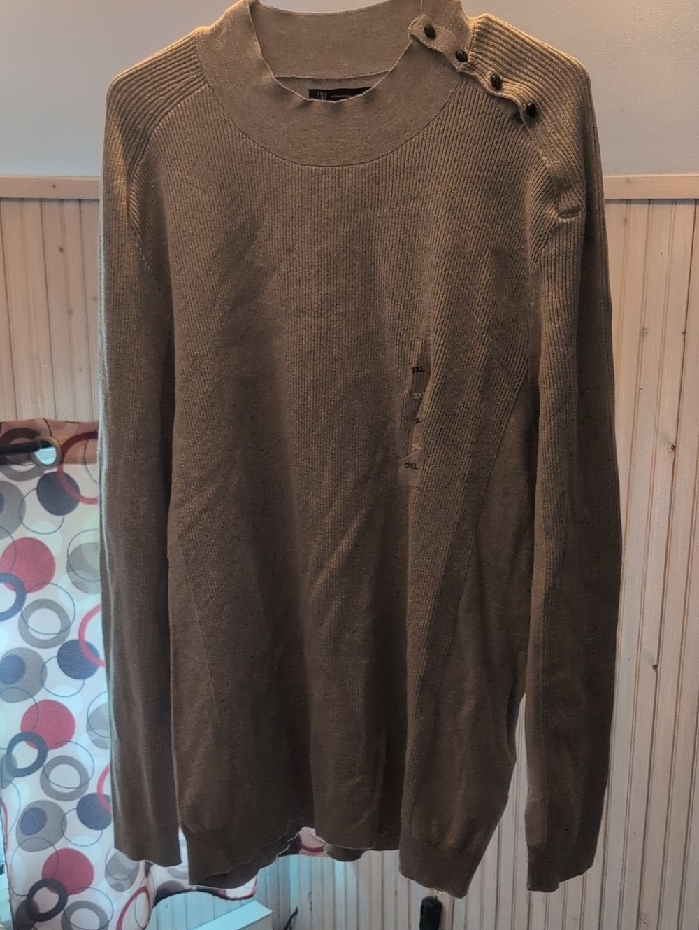 INC International Concepts Olive Crewneck Sweater with Button-Shoulder
